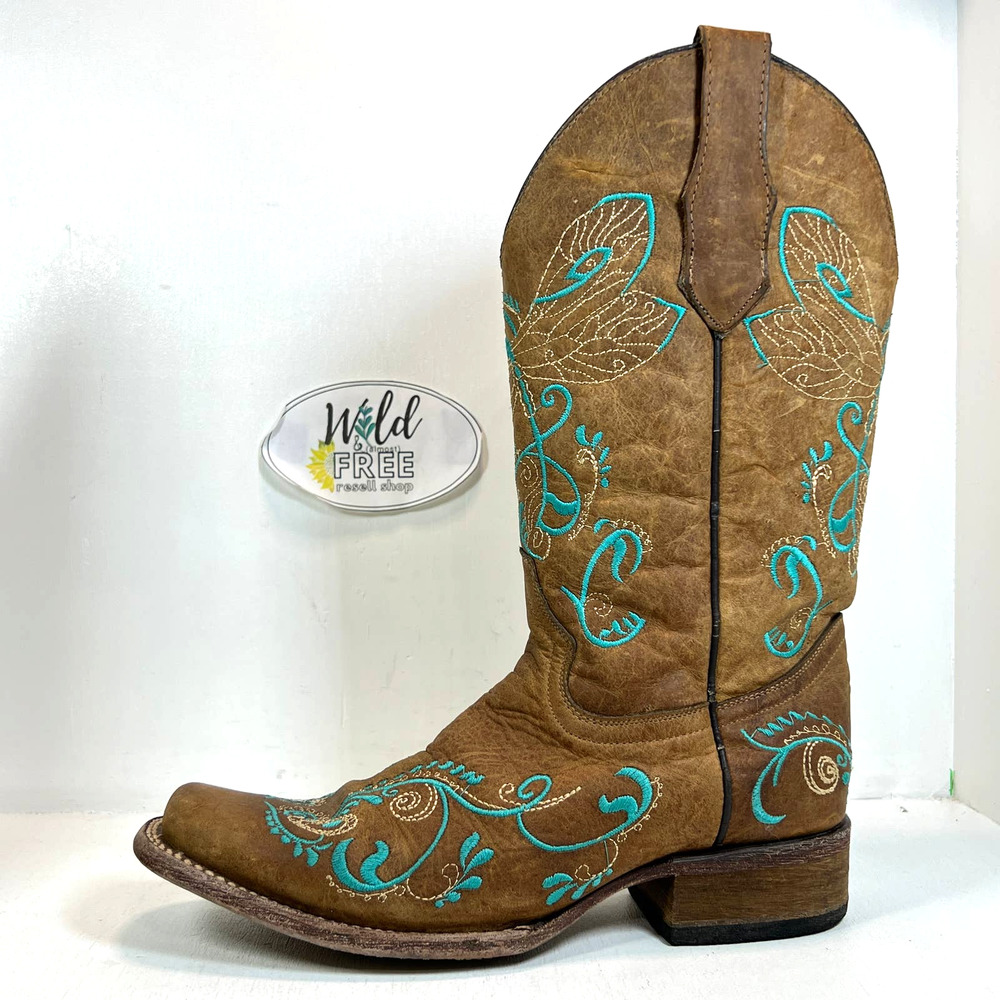 Circle G Western Cowboy Boots- Women 7.5 - Tan Leather Turquoise Embroidered